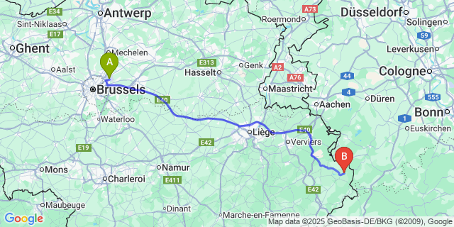 Map: Brussels Zaventem Airport (BRU) to Rocherath