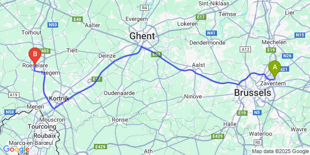 Map: Brussels Zaventem Airport (BRU) to Roeselare