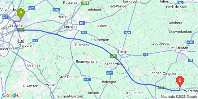 Map: Brussels Zaventem Airport (BRU) to Rosoux-Crenwick