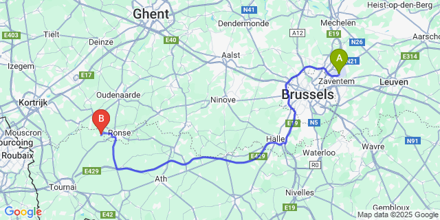 Map: Brussels Zaventem Airport (BRU) to Russeignies