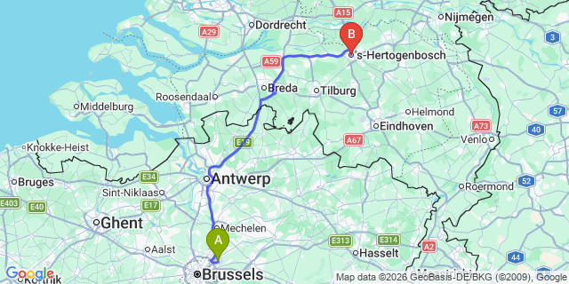 Map: Brussels Zaventem Airport (BRU) to ’s-Hertogenbosch (Den Bosch)