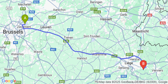 Map: Brussels Zaventem Airport (BRU) to Saint-Hadelin