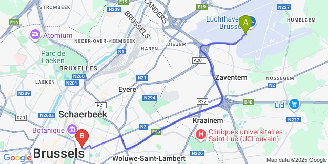 Map: Brussels Zaventem Airport (BRU) to Saint-Josse-ten-Noode