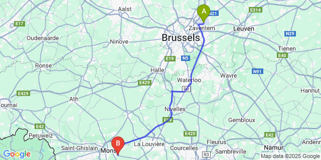 Map: Brussels Zaventem Airport (BRU) to Saint-Symphorien