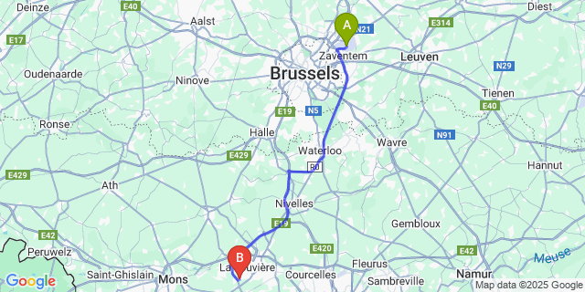 Map: Brussels Zaventem Airport (BRU) to Saint-Vaast