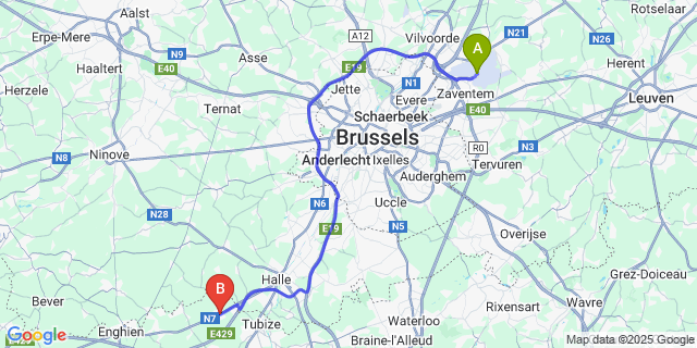 Map: Brussels Zaventem Airport (BRU) to Saintes