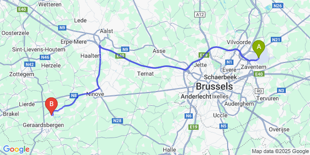 Map: Brussels Zaventem Airport (BRU) to Schendelbeke
