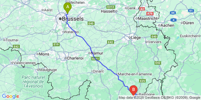 Map: Brussels Zaventem Airport (BRU) to Sibret