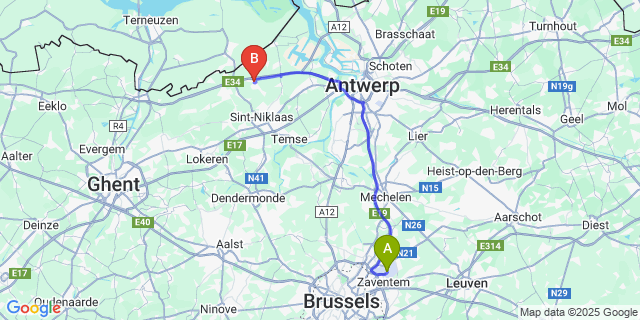 Map: Brussels Zaventem Airport (BRU) to Sint-Gillis-Waas