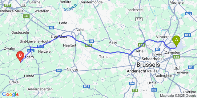 Map: Brussels Zaventem Airport (BRU) to Sint-Goriks-Oudenhove