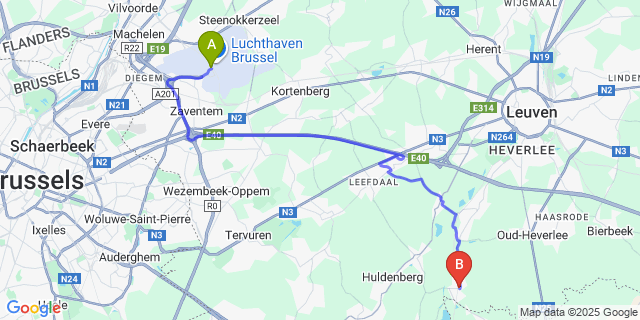 Map: Brussels Zaventem Airport (BRU) to Sint-Joris-Weert