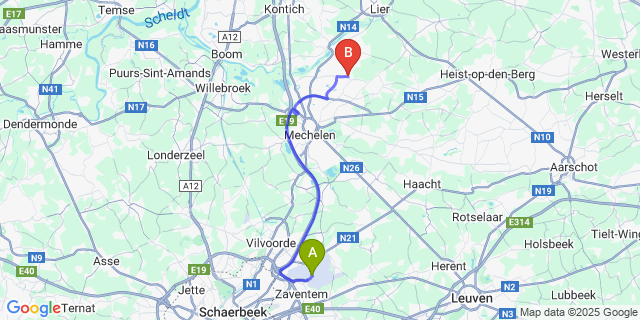 Map: Brussels Zaventem Airport (BRU) to Sint-Katelijne-Waver