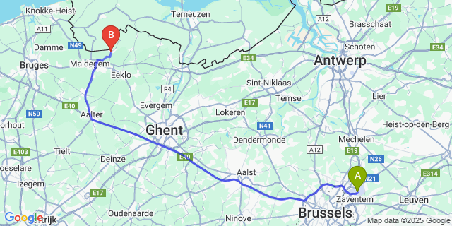 Map: Brussels Zaventem Airport (BRU) to Sint-Laureins