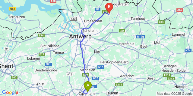 Map: Brussels Zaventem Airport (BRU) to Sint-Lenaarts