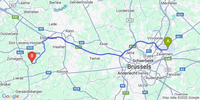 Map: Brussels Zaventem Airport (BRU) to Sint-Lievens-Esse