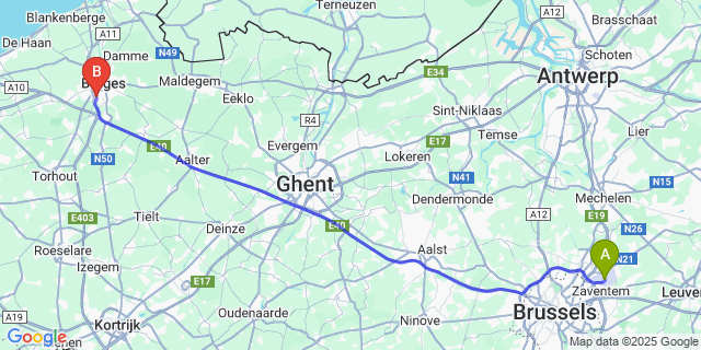 Map: Brussels Zaventem Airport (BRU) to Sint-Michiels