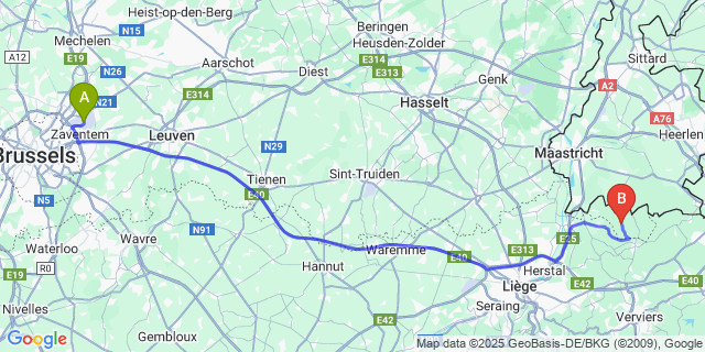Map: Brussels Zaventem Airport (BRU) to Sint-Pieters-Voeren