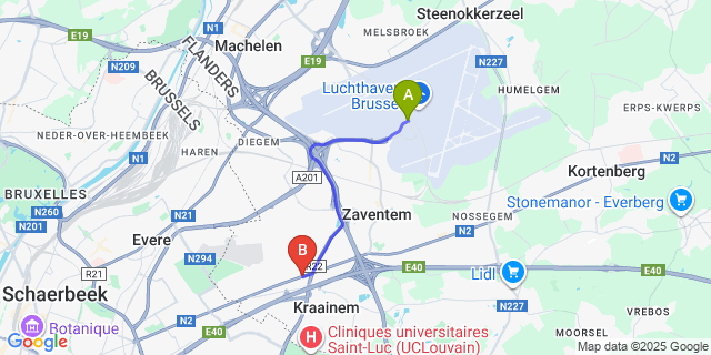 Map: Brussels Zaventem Airport (BRU) to Sint-Stevens-Woluwe