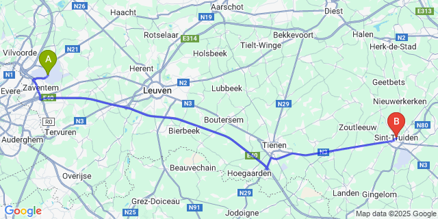 Map: Brussels Zaventem Airport (BRU) to Sint-Truiden