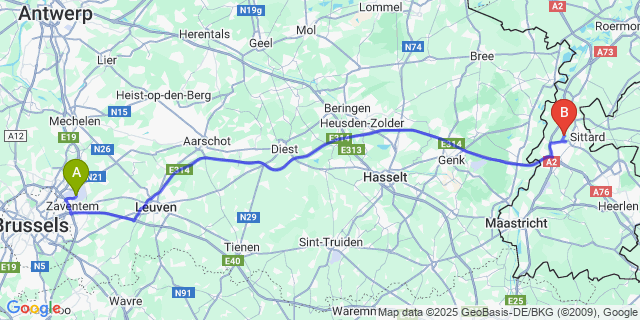 Map: Brussels Zaventem Airport (BRU) to Sittard-Geleen