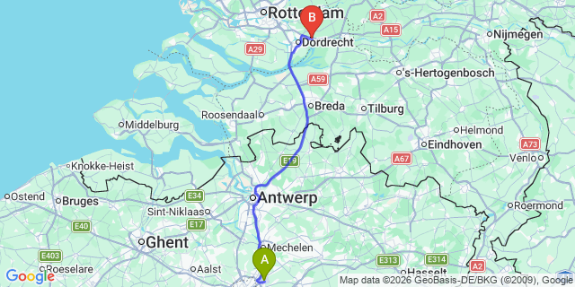 Map: Brussels Zaventem Airport (BRU) to Sliedrecht