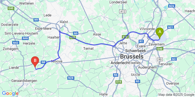 Map: Brussels Zaventem Airport (BRU) to Smeerebbe-Vloerzegem