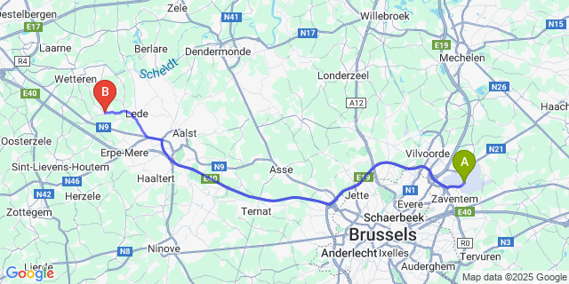 Map: Brussels Zaventem Airport (BRU) to Smetlede