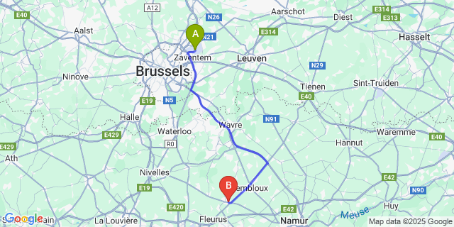 Map: Brussels Zaventem Airport (BRU) to Sombreffe