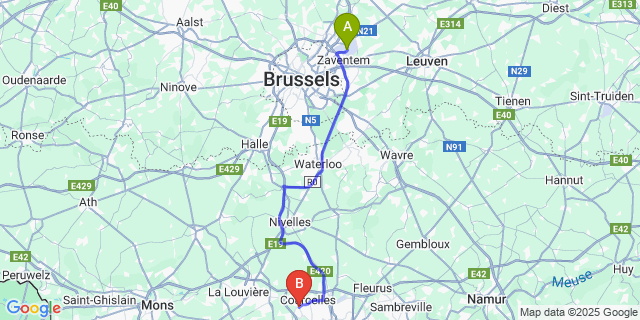 Map: Brussels Zaventem Airport (BRU) to Souvret