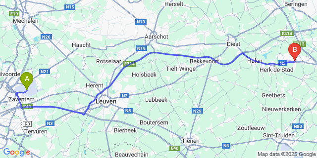 Map: Brussels Zaventem Airport (BRU) to Spalbeek