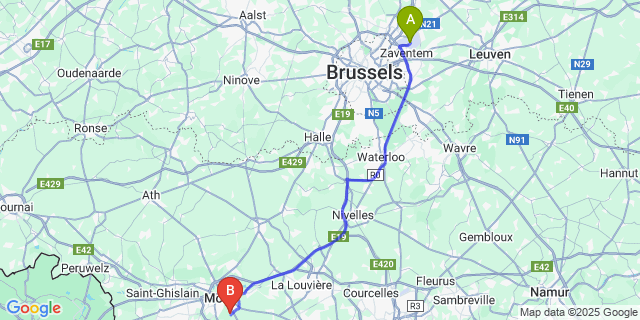 Map: Brussels Zaventem Airport (BRU) to Spiennes
