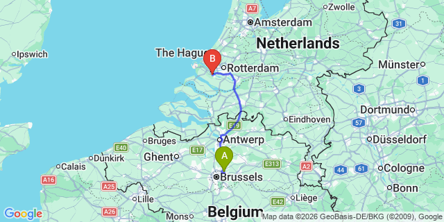 Map: Brussels Zaventem Airport (BRU) to Spijkenisse