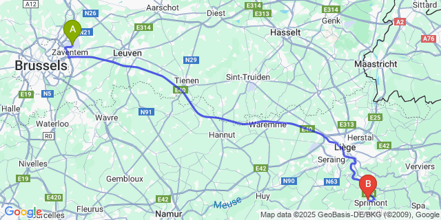Map: Brussels Zaventem Airport (BRU) to Sprimont