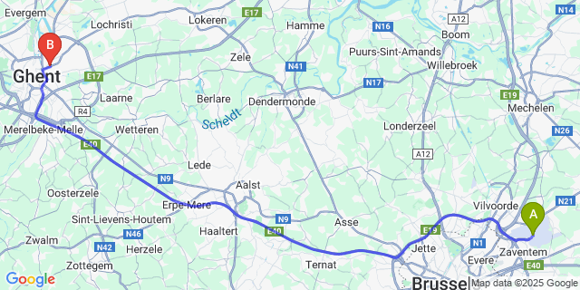 Map: Brussels Zaventem Airport (BRU) to St-Amandsberg