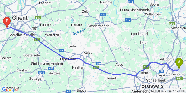Map: Brussels Zaventem Airport (BRU) to St-Denijs-Westrem