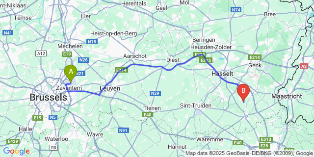 Map: Brussels Zaventem Airport (BRU) to St-Huibrechts-Hern