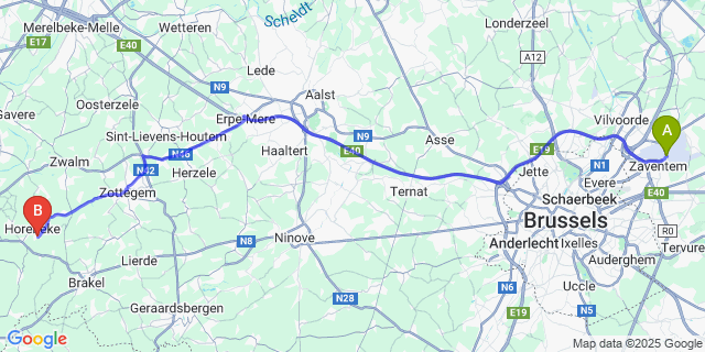 Map: Brussels Zaventem Airport (BRU) to St-Kornelis-Horebeke