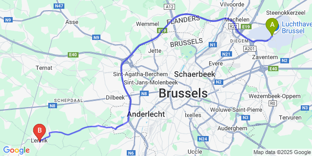 Map: Brussels Zaventem Airport (BRU) to St-Kwintens-Lennik