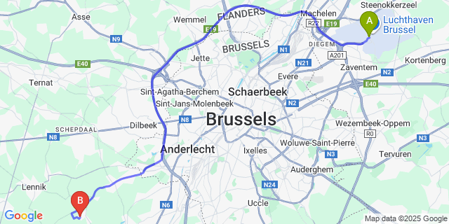 Map: Brussels Zaventem Airport (BRU) to St-Laureins-Berchem