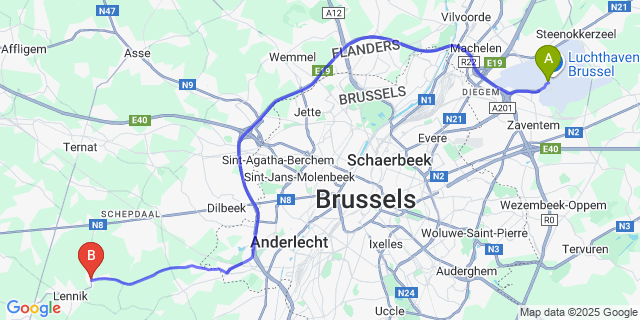 Map: Brussels Zaventem Airport (BRU) to St-Martens-Lennik