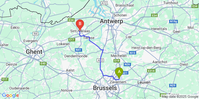 Map: Brussels Zaventem Airport (BRU) to St Niklaas