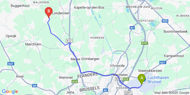 Map: Brussels Zaventem Airport (BRU) to Steenhuffel