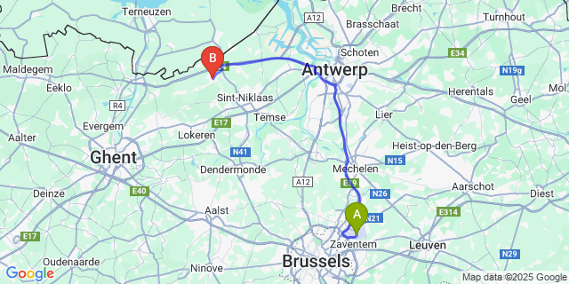 Map: Brussels Zaventem Airport (BRU) to Stekene