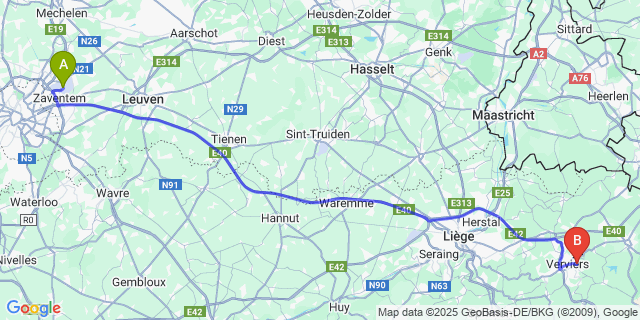 Map: Brussels Zaventem Airport (BRU) to Stembert