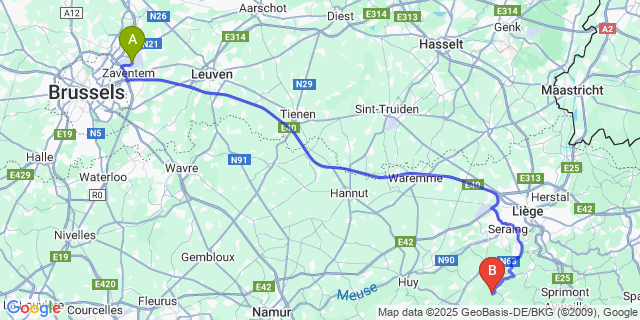 Map: Brussels Zaventem Airport (BRU) to Tavier