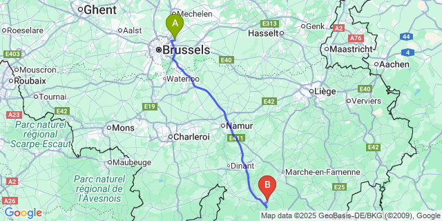 Map: Brussels Zaventem Airport (BRU) to Tellin