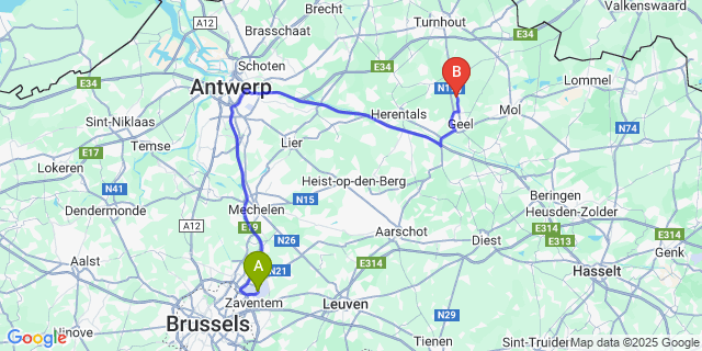 Map: Brussels Zaventem Airport (BRU) to Ten Aard