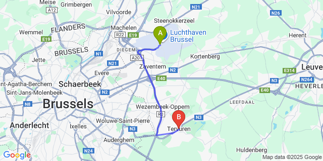 Map: Brussels Zaventem Airport (BRU) to Tervuren