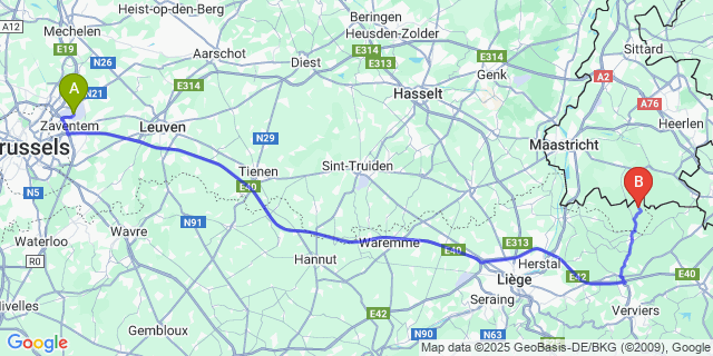 Map: Brussels Zaventem Airport (BRU) to Teuven