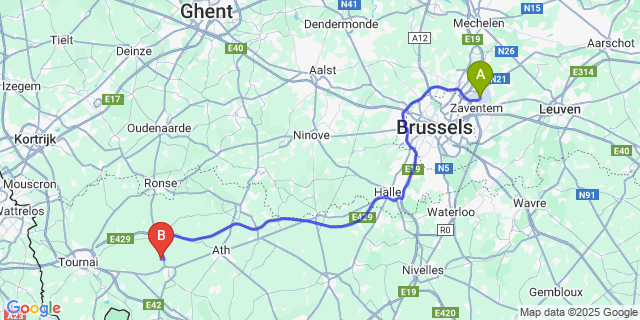 Map: Brussels Zaventem Airport (BRU) to Thieulain